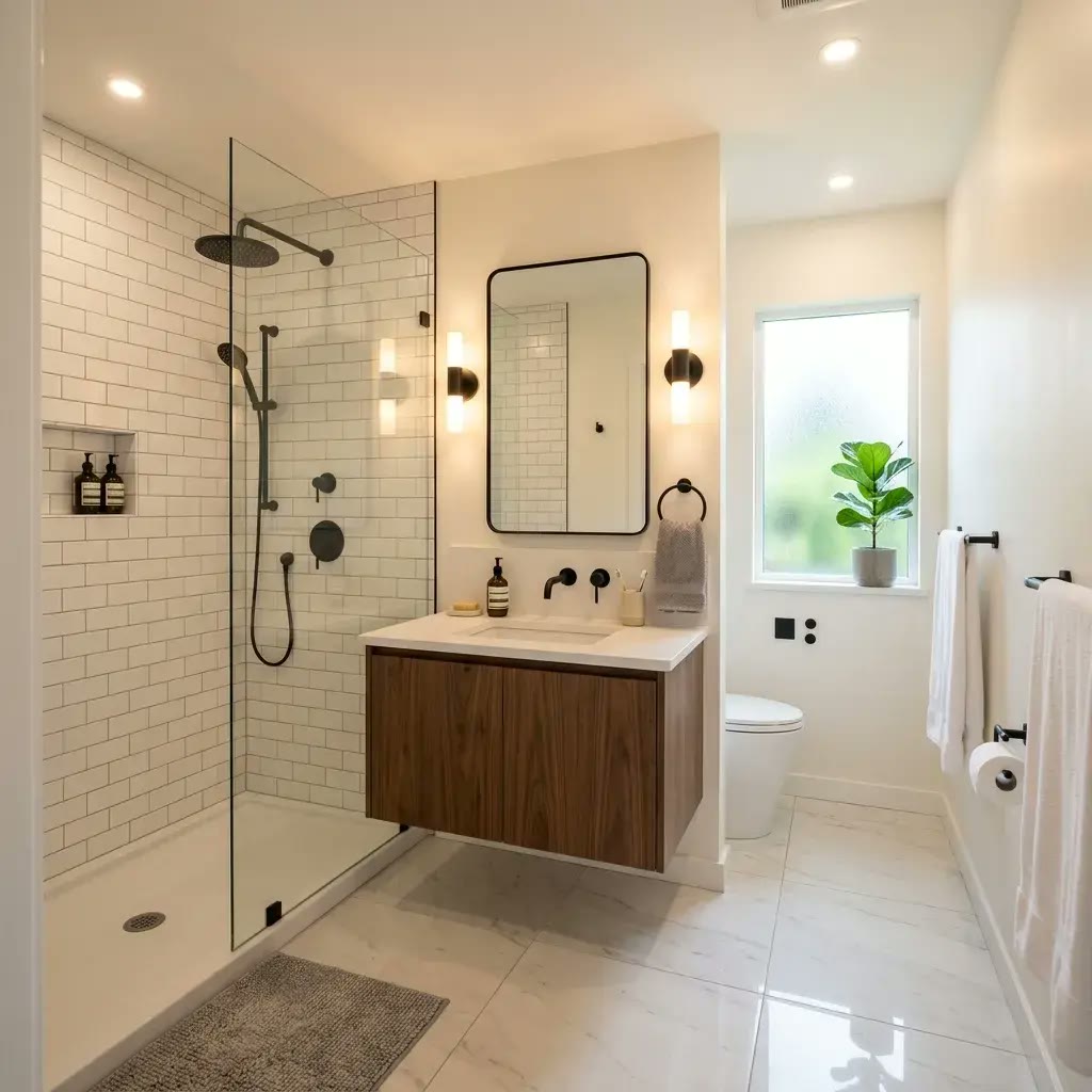 Walk-in shower with white subway tile beside a floating walnut vanity and black fixtures
