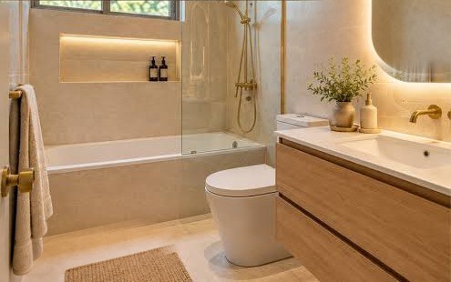 Renovated bathroom with a floating oak vanity and brass fixtures