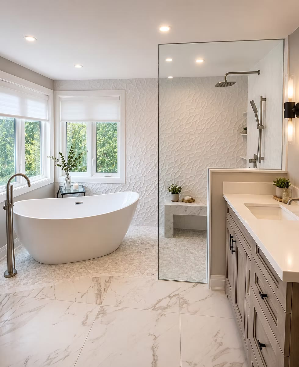 Primary bathroom with a freestanding oval tub, textured tile shower and light wood vanity