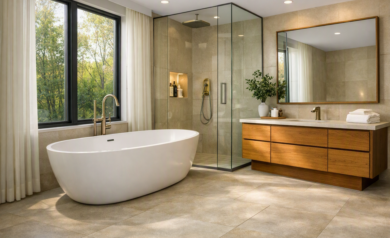 Sunlit bathroom with a freestanding tub, oak vanity and a view of the trees